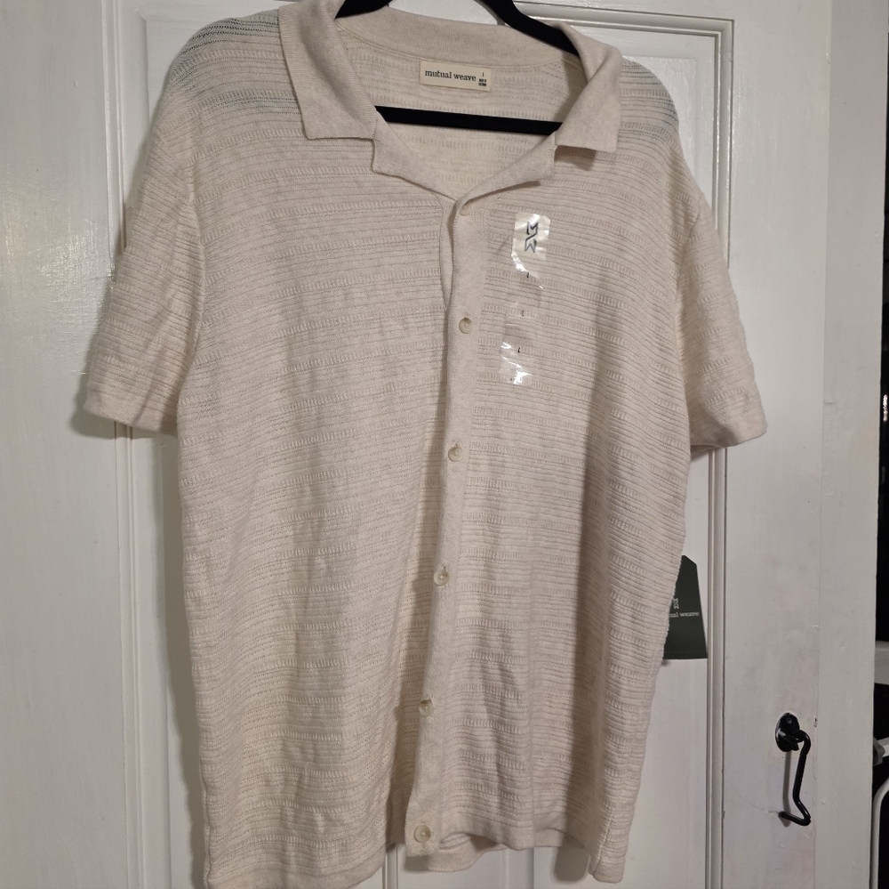 Men's Mutual Weave Beige White Short Sleeve Button Up Front Size Large NWT